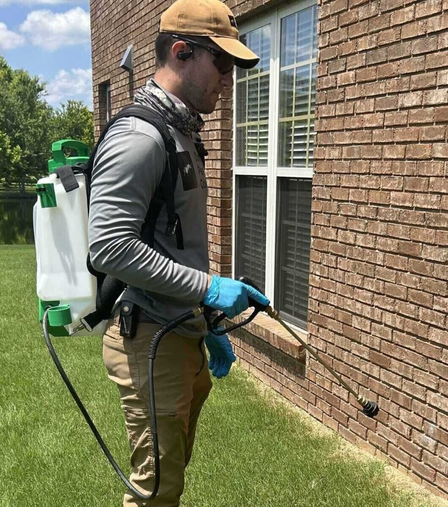 Technician is performing an ant control service in huntsville. He is spraying the home for ants.