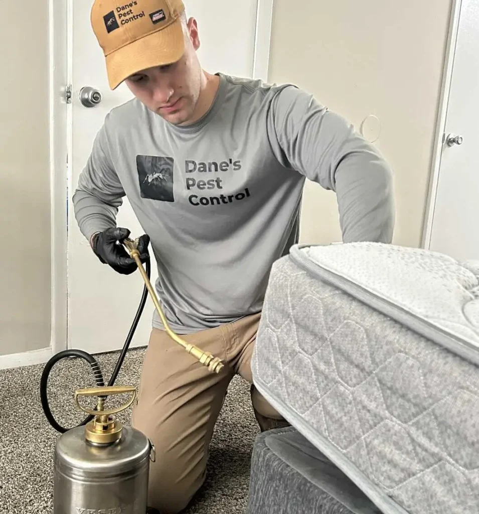 Bed bug treatment in Huntsville Alabama. Technician is spraying the mattress and box spring to get rid of bed bugs inside of a bedroom