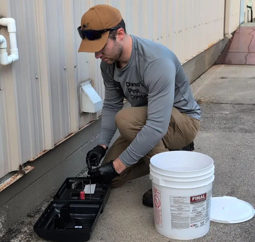 Commercial Pest Control service in Huntsville Alabama. Technician is replacing rodent bait stations on the side of a commercial building.