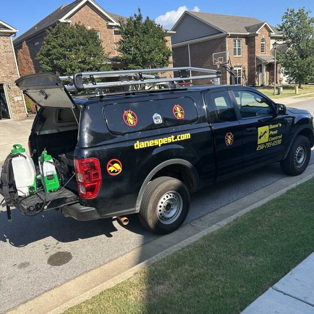 Dane's pest control truck in neighborhood in huntsville al, pest control sprayers are on the tailgate